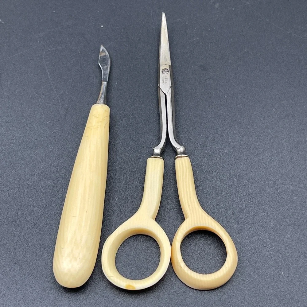 Vintage Faux Ivory Celluloid Manicure Set Dragon Floral Carved Germany Scissors